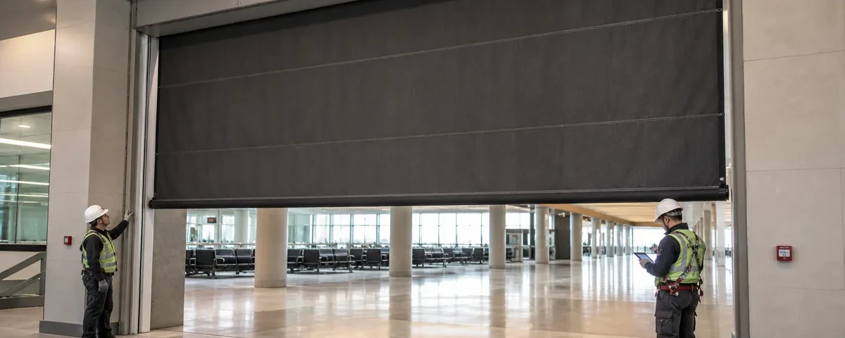 Engineers inspecting a partially deployed active fire curtain in a public lobby