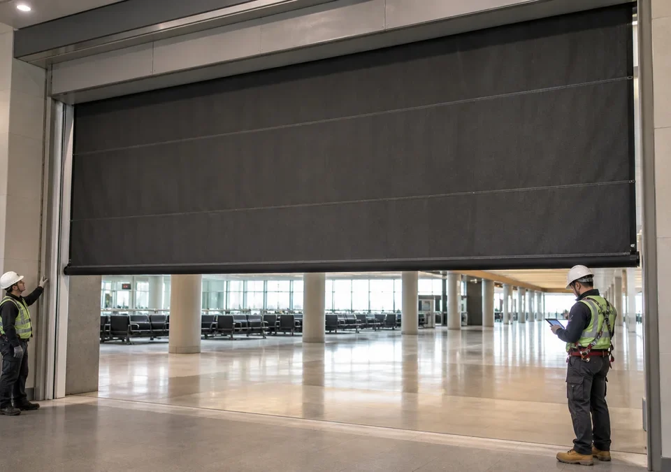 Engineers inspecting a partially deployed active fire curtain in a public lobby