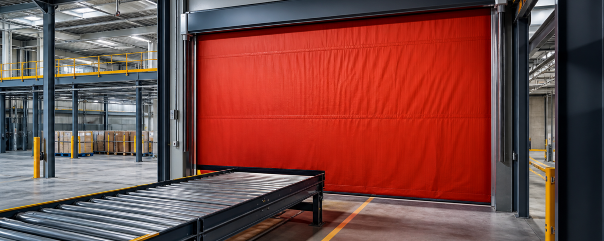 Factory opening protected by an industrial fire curtain