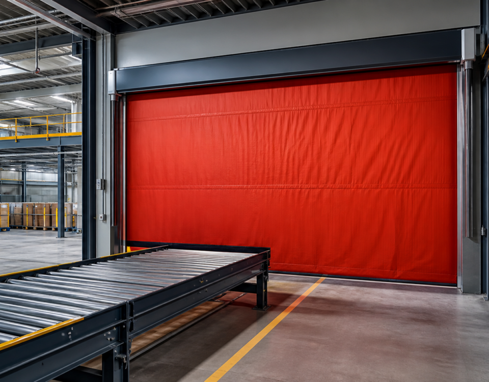 Factory opening protected by an industrial fire curtain