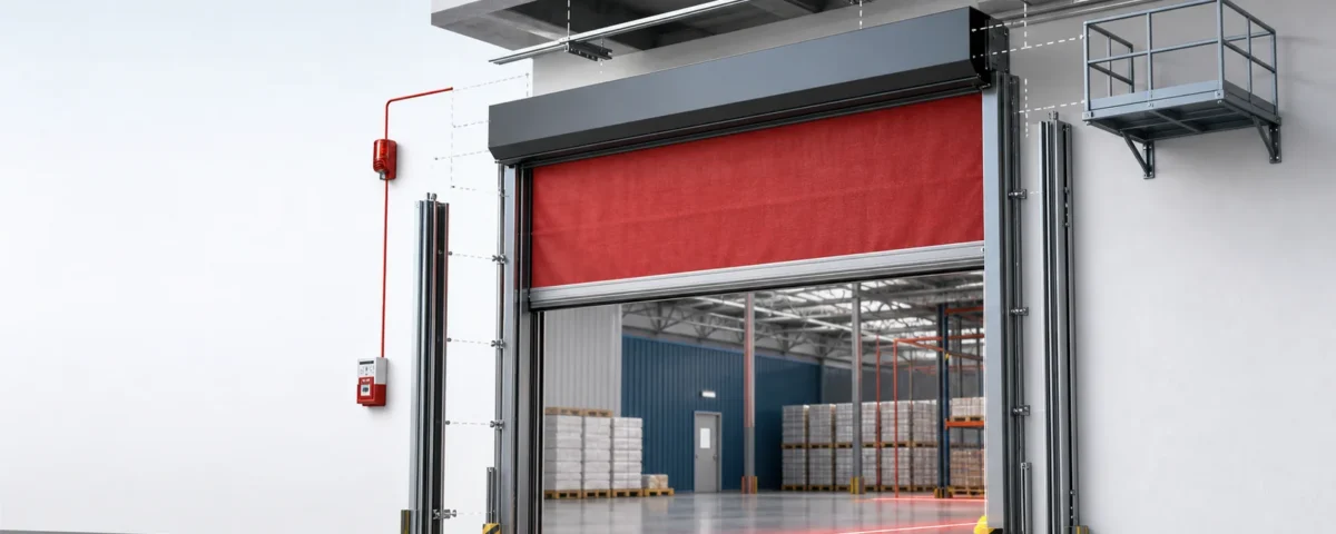 Wide industrial opening protected by a retractable fire curtain