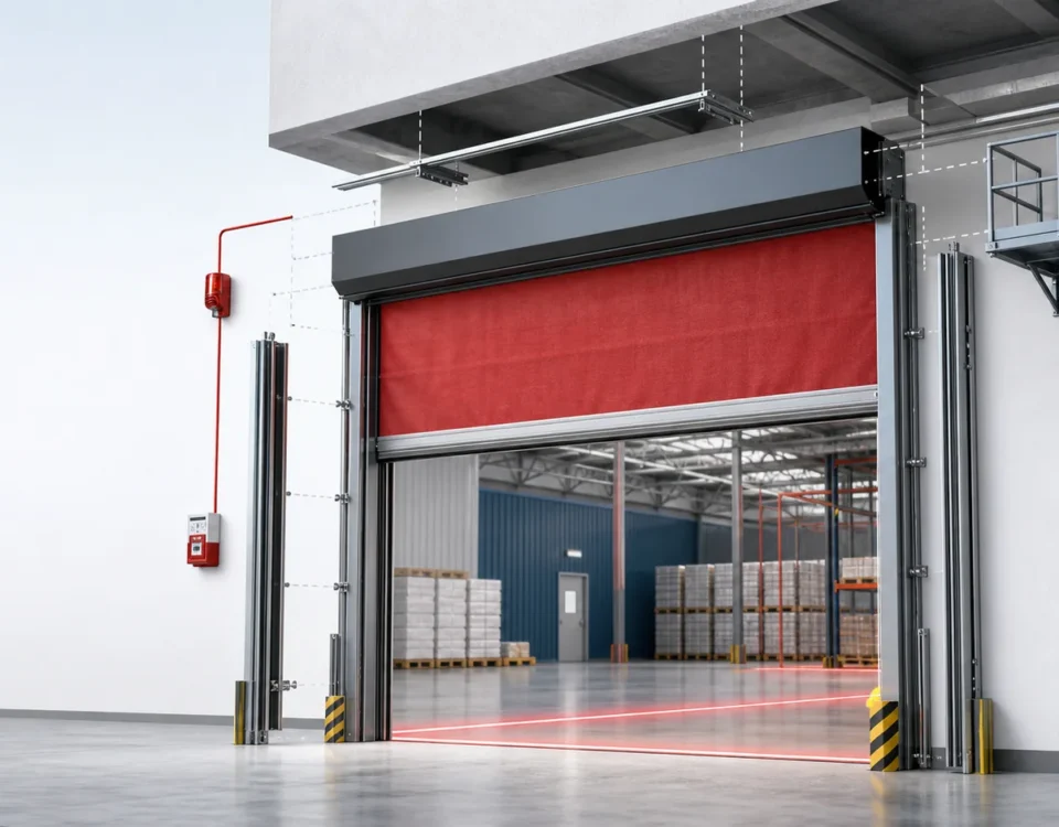Wide industrial opening protected by a retractable fire curtain