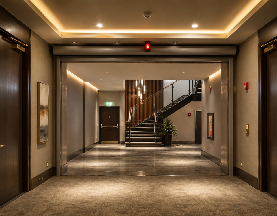 Hotel public area coordinated for fire and smoke safety
