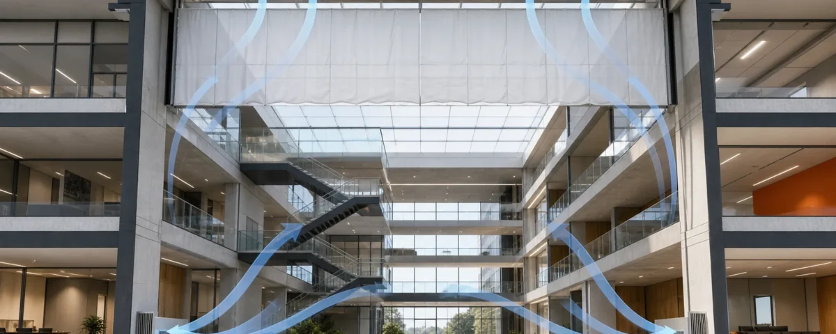 Atrium smoke curtain forming a high-level reservoir edge
