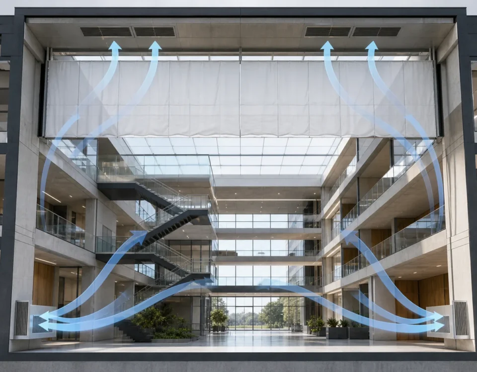 Atrium smoke curtain forming a high-level reservoir edge